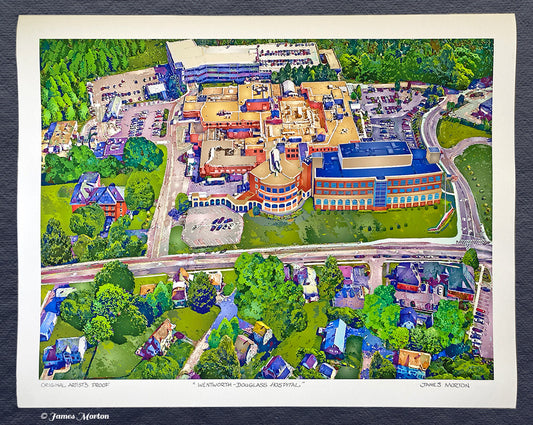 Photograph of 40in x 30in signed fine art print of Wentworth-Douglass Hospital – handcrafted Digigraph on watercolor paper, featuring detailed hospital campus with arches, windows, and lush green landscape.