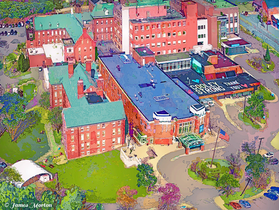 Aerial fine art print of Cooley Dickinson Hospital in Northampton, MA, showcasing the historic hospital and surrounding landscape.