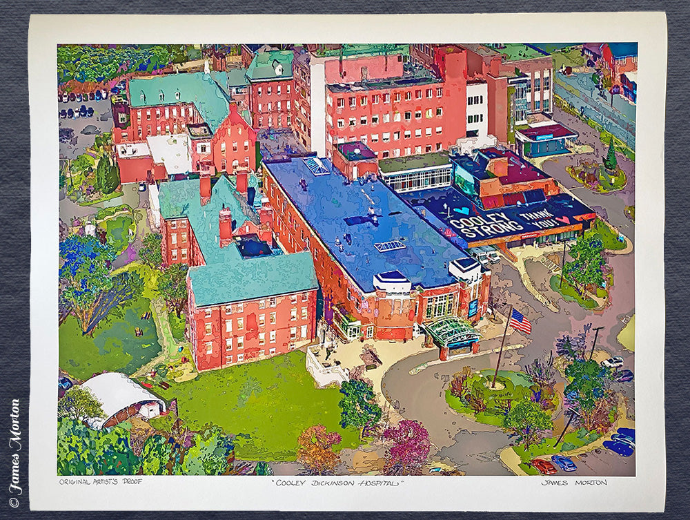 Aerial fine art print of Cooley Dickinson Hospital in Northampton, MA, on watercolor fine art paper, showcasing the historic hospital and its scenic surroundings.