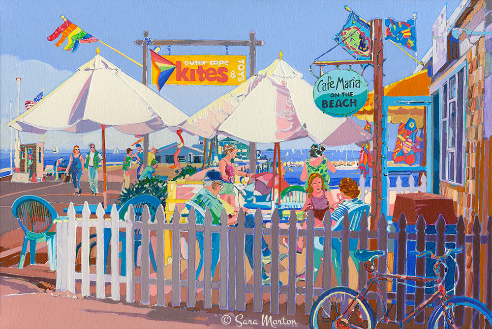 Café Maria in Provincetown MA painting. Colorful café scene with umbrellas and picket fence overlooking the beach on Commercial Street. Handmade Art Prints by Sara Morton.