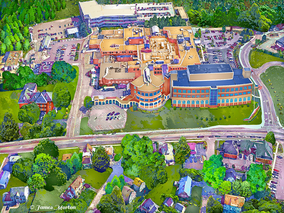 Aerial fine art print of Wentworth-Douglass Hospital in Dover, NH – vivid Digigraph showing red brick architecture, layered windows, and tree-lined surroundings in warm afternoon light.