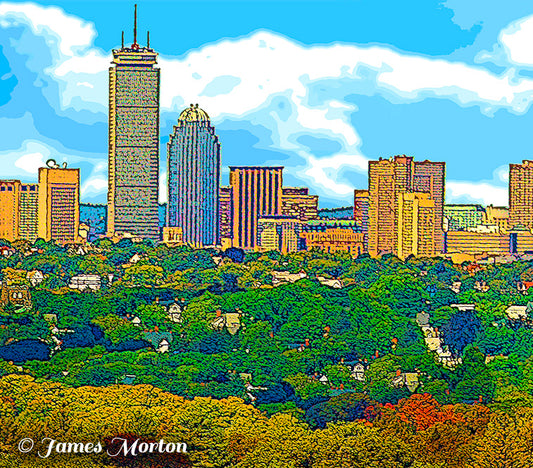 Boston Skyline art print of Back Bay with buildings, such as the Prudential Tower, and the the 111 Huntington Ave Tower. Quincy and Dorchester neighborhoods featured in the front.