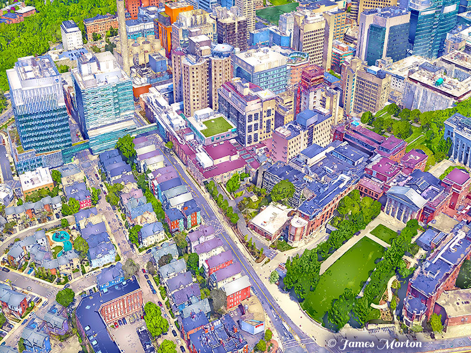 Art Print of Brigham and Women's Hospital Boston from an aerial view. Also features the Longwood Medical Area and the surrounding Boston neighborhoods.