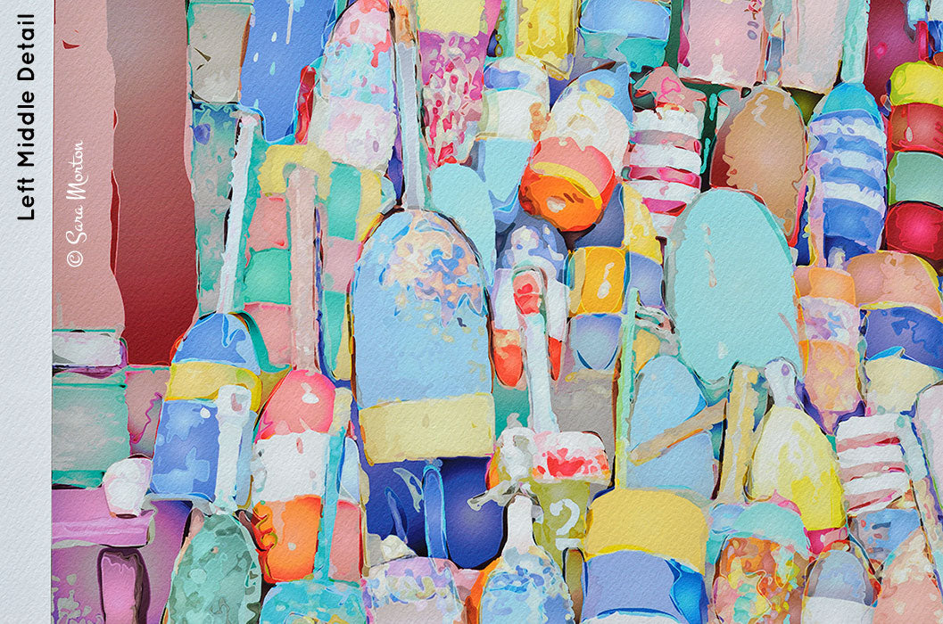 Detail of Lobster Buoys Art Print on Watercolor Paper.