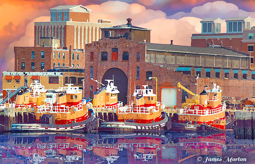 Art Print of Boston’s Tugboats docked at the Inner Harbor of East Boston. This fine art print showcases a fleet of majestic tugboats resting peacefully along the dock. These iconic vessels, formerly located at New Street, belong to the renowned Boston Towing and Transportation Company.