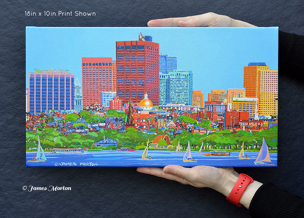 Boston Skyline Painting of Beacon Hill and Charles River Sailboats with State House and Hatch Shell- Canvas Print 18in x 10in - Ready to Ship