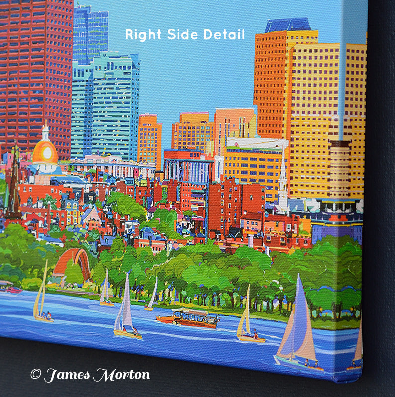 Boston Skyline Painting of Beacon Hill and Charles River Sailboats with State House and Hatch Shell- Canvas Print 18in x 10in - Ready to Ship