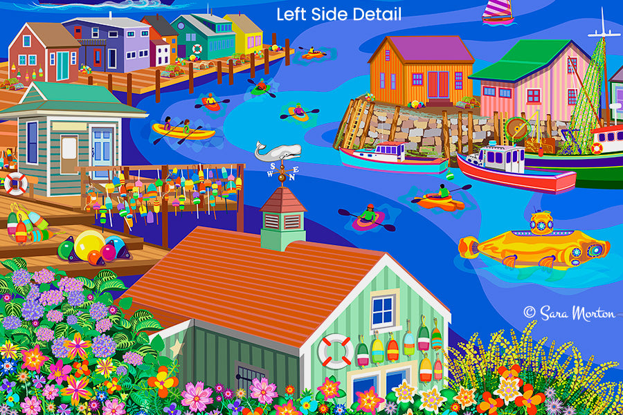 Immerse yourself in the delightful charm of Rockport MA with our art print showcasing Bearskin Neck fishing village, adorned with colorful lobster floats, bustling fishing boats, and kayakers exploring the serene harbor. Perfect for adding a touch of coastal bliss to any space.
