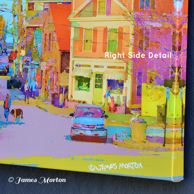 Rockport MA Painting of Bearskin Neck on Canvas Colorful Original Artwork by James Morton. Right Side view of Canvas.