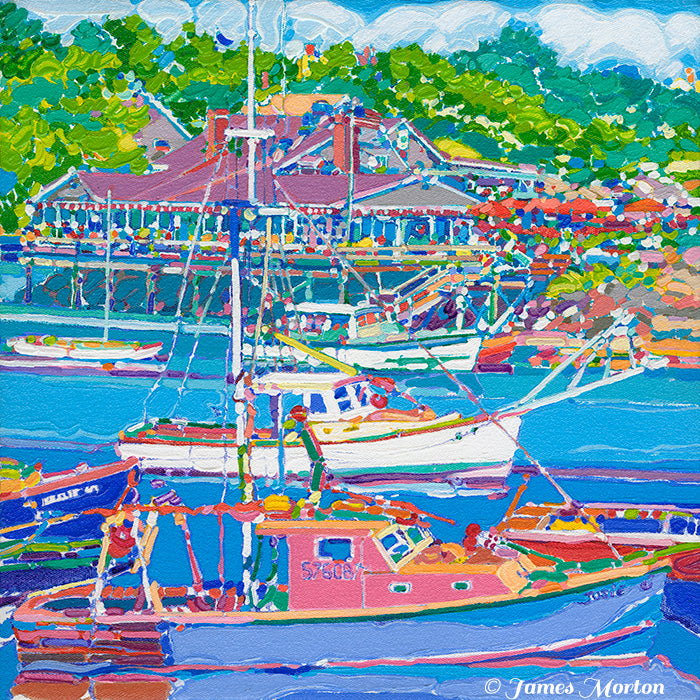 View of original Boats and Barnacle Billy’s painting, featuring lobster boats and restaurant in Perkins Cove