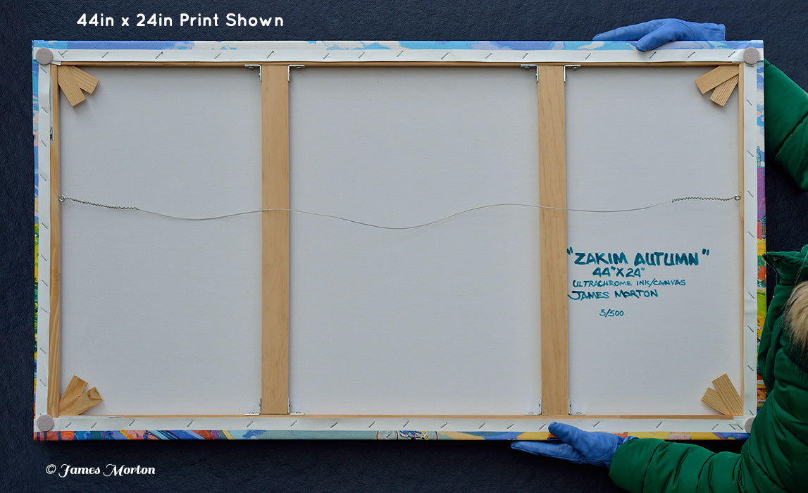 Back of Zakim Autumn stretched canvas print showing hand-signed title, edition number, and professional finish by artist James Morton