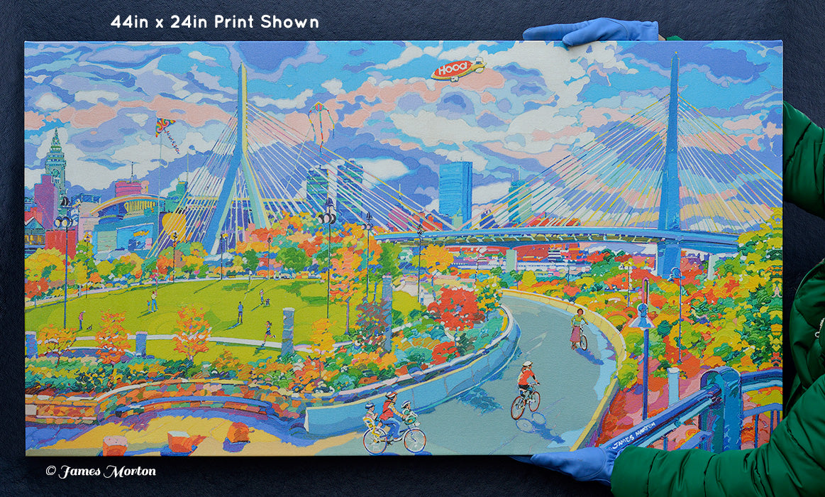 Zakim Autumn 44x24 inch canvas print of Boston skyline with fall trees and Zakim Bridge, shown handheld for scale