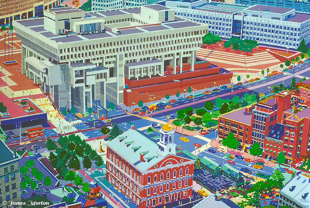 Painting of Boston City Hall in Massachusetts. Faneuil Hall is in the foreground. Fine Art Print of Boston City Halll, Goverment Center
