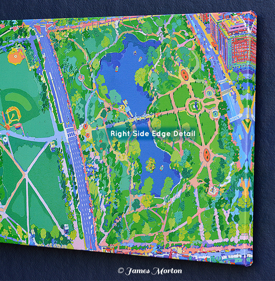 Boston city park canvas wall art—springtime aerial painting of Public Garden and Common with rich green tones. Right side detail with image wrap.