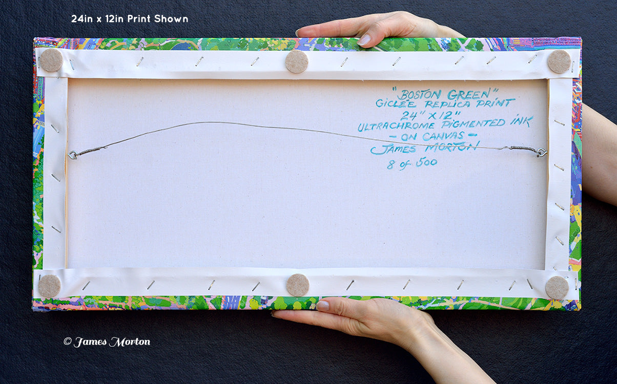 Back of canvas print handheld for scale – hand signed and titled Boston Green by artist James Morton