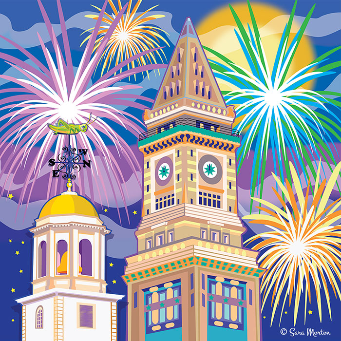 Art Print of Boston fireworks celebration against a starry violet sky adorned with a moon and wispy clouds, the prominent features of Faneuil Hall Cupola and Custom House Tower captivate.