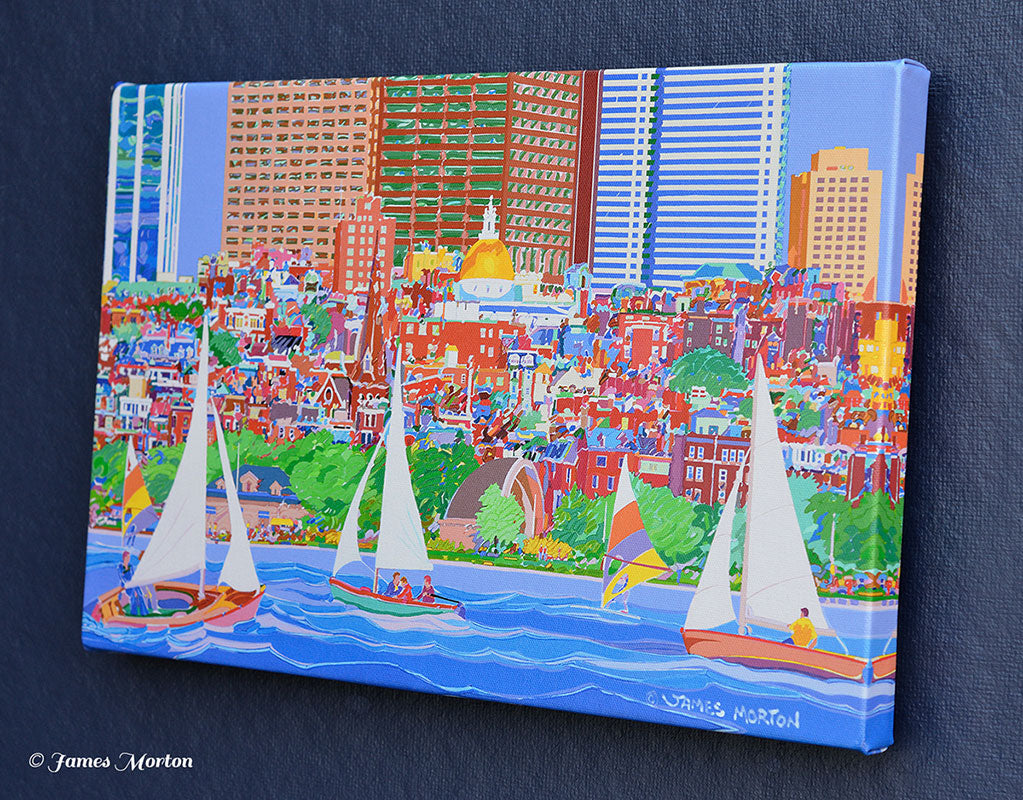 Boston Skyline Painting of Beacon Hill. Boston canvas print with Charles River Esplanade, historic Union Boat Club and sailboats on the water.