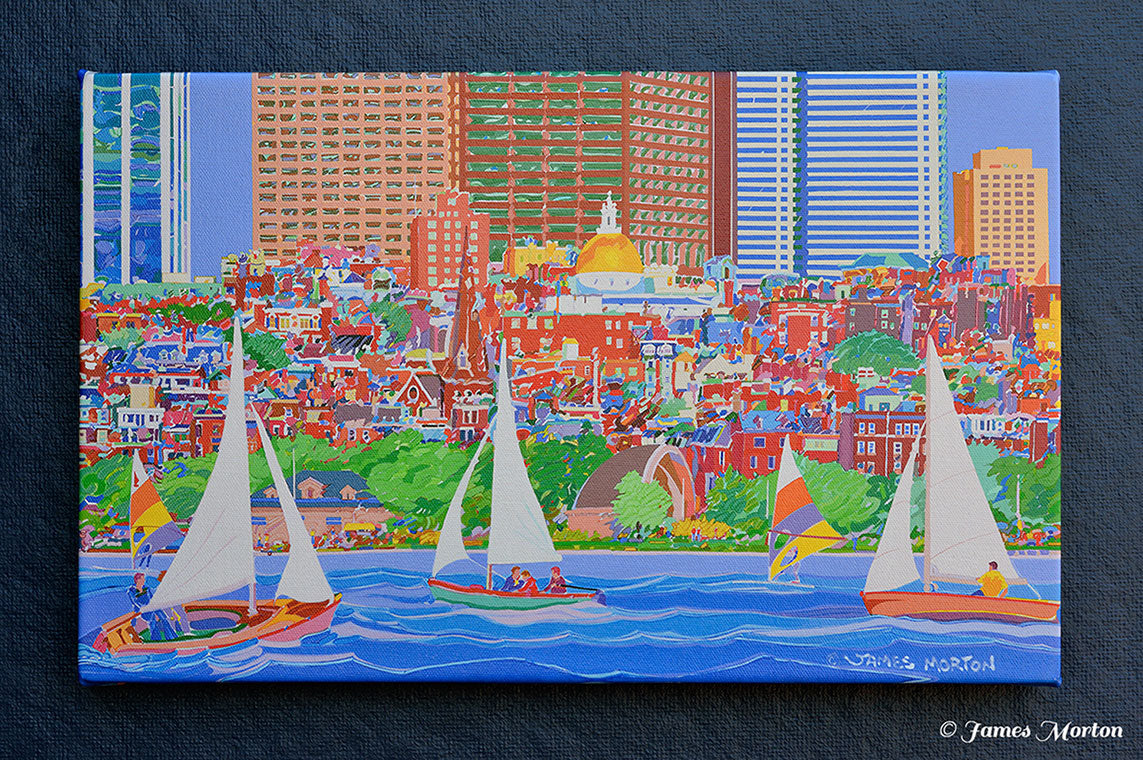 Vibrant painting of Boston's skyline with the MDC Hatch Shell and Union Boat Club Boathouse on the Charles River with sailboats and windsurfers.