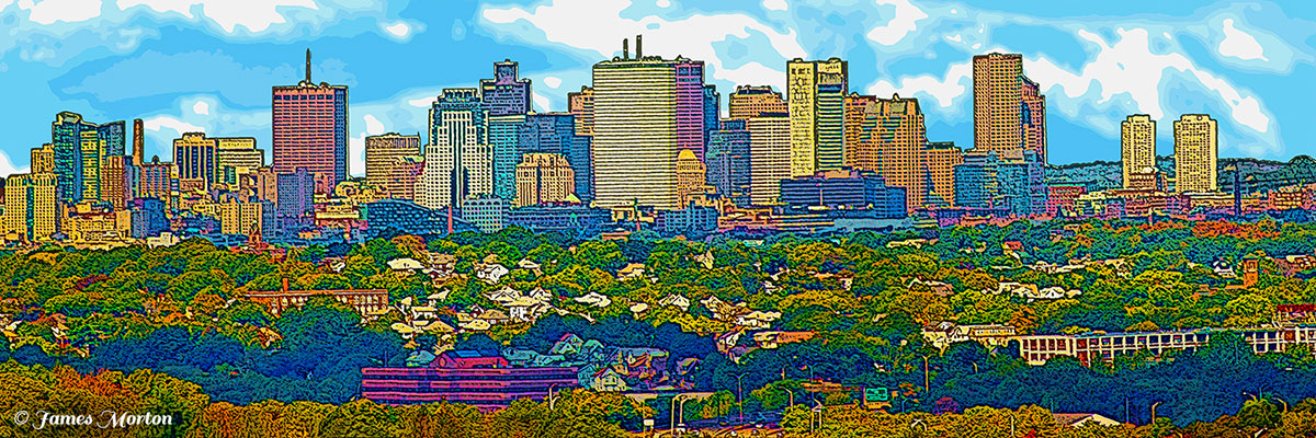 Quincy Mass Boston Skyline Art Print on Canvas panoramic view seen from Quincy, Massachusetts. Many Boston skyscrapers shown, such as One Beacon Street and the State Street Financial Center. The foreground shows a compressed view of neighborhoods nestled amongst trees spanning from Quincy to Dorchester.
