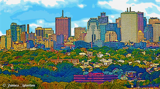 Quincy Mass Boston Skyline Art Print on Canvas panoramic view seen from Quincy, Massachusetts. Many Boston skyscrapers shown, such as One Beacon Street and the State Street Financial Center. The foreground shows a compressed view of neighborhoods nestled amongst trees spanning from Quincy to Dorchester.