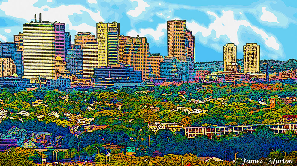 Quincy Mass Boston Skyline Art Print on Canvas panoramic view seen from Quincy, Massachusetts. Many Boston skyscrapers shown, such as One Beacon Street and the State Street Financial Center. The foreground shows a compressed view of neighborhoods nestled amongst trees spanning from Quincy to Dorchester.
