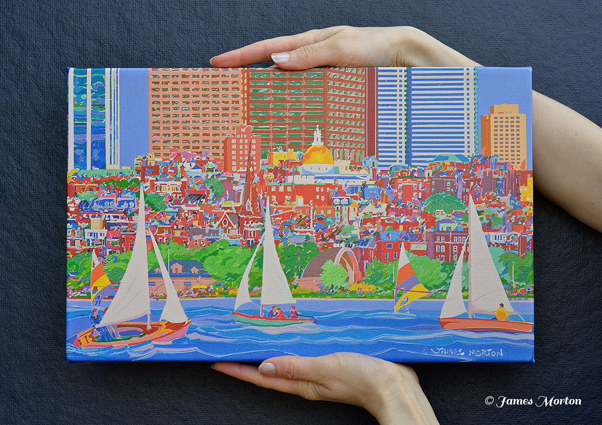 Canvas print of Boston MA skyline with Charles River sailboats and windsurfers, Beacon Hill neighborhood, and State House dome.