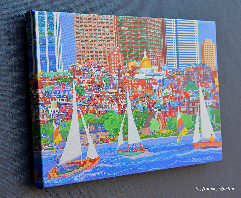 Boston Canvas Print of Sailboats on the Charles River with Boston's Beacon Hill neighborhood and skyscrapers in the background.