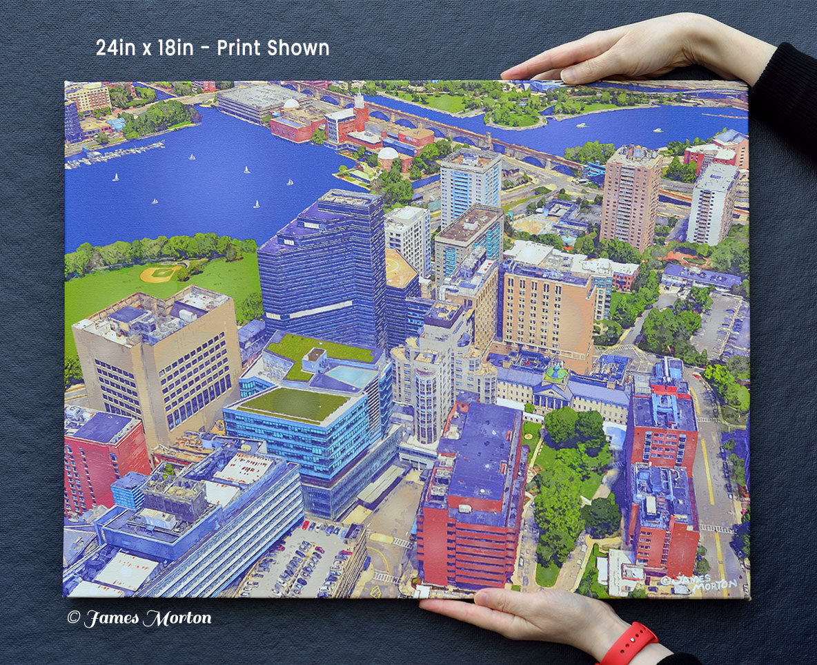 Explore and admire the historic Mass General Hospital campus with this breathtaking aerial print on stretched canvas. Featuring the iconic Bullfinch Building and Ether Dome and Mass Eye and Ear, this print captures the beauty and significance of one of Boston's most prominent medical institutions.