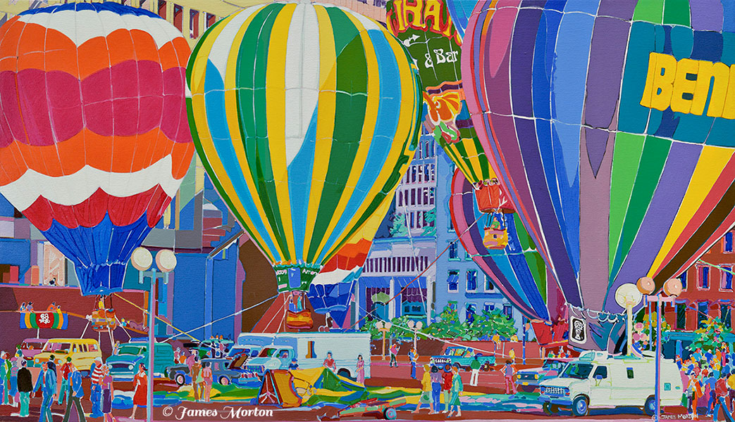 Painting of Boston MA City Hall Plaza with Colorful Hot Air Balloons. Vibrant art print of Boston capturing the lively spirit of the city.