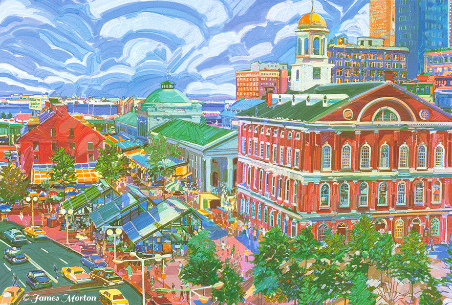 Painting of Faneuil Hall and Quincy Market in Boston MA. Faneuil Greenhouses featured in foreground and Boston Harbor in the Background. Billowy clouds in the sky. Premium Quality Prints on Stretched Canvas and Watercolor Paper Made with Archival Quality Inks.