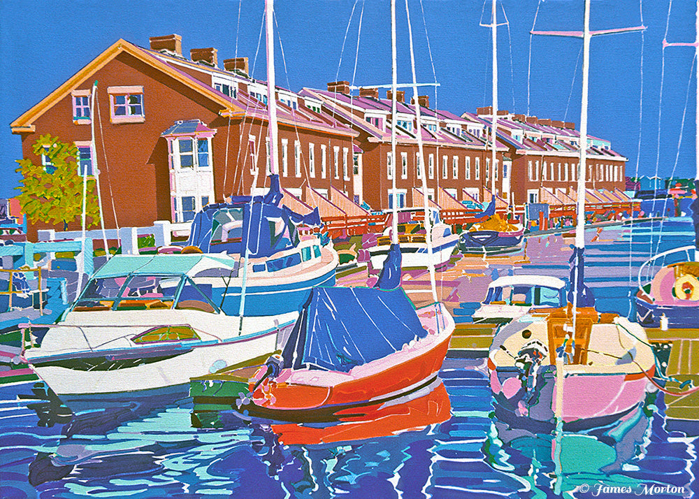 Painting of Union Wharf Boston MA with Boats Docked and Waterfront Condos in the Background.  Prints on Fine Art Paper and Canvas Available.