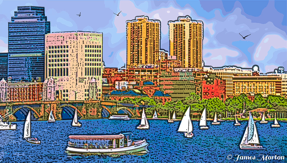 Breathtaking view of Boston's skyline from the iconic Longfellow Bridge. Mass Eye and Ear and Mass General Hospital are in the distance. The Charles River is filled with activity, from sailboats to serene tour boats.