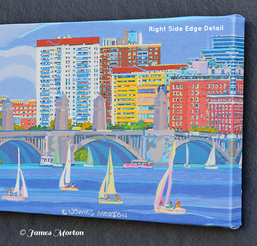 Right edge close-up of 'Boston Bridges' canvas print featuring Longfellow Bridge, sailboats, and image wrap detail