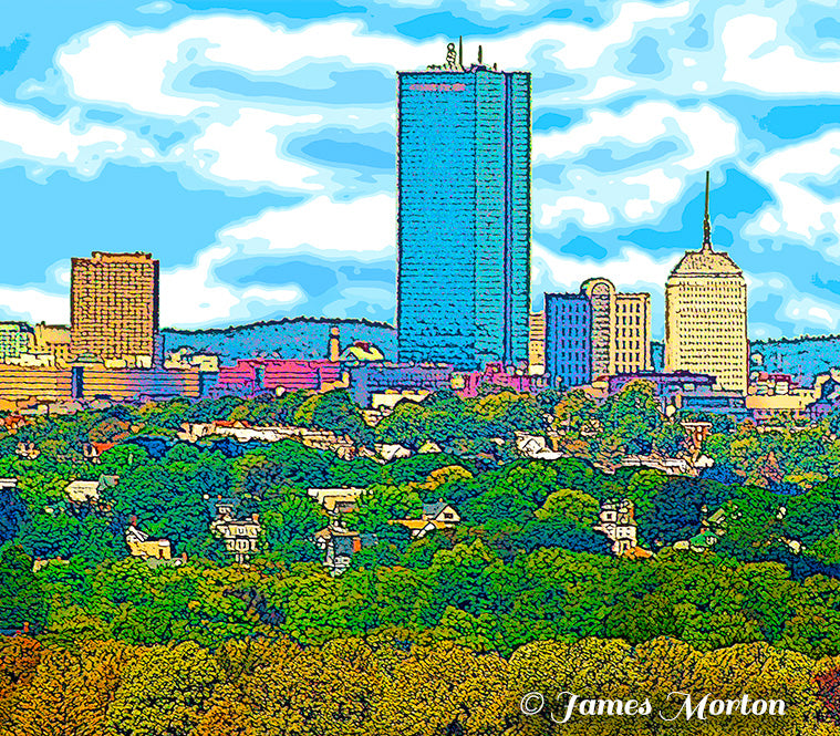 Boston Back Bay Skyline Print with buildings, such as the John Hancock Tower, the Old John Hancock Building (Berkeley Building) and the New England Life Insurance Building.  Quincy and Dorchester neighborhoods featured in the front.
