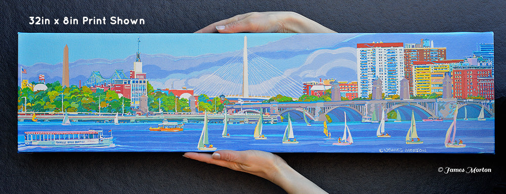 Handheld view of 'Boston Bridges' panoramic Boston skyline canvas print featuring Zakim Bridge, ready to ship