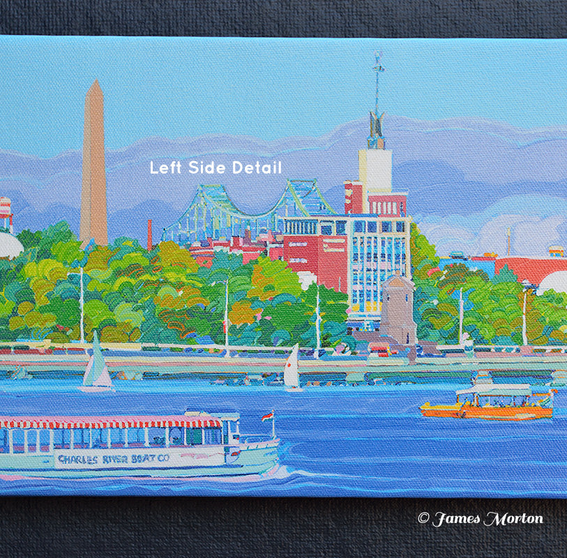 Left side detail of 'Boston Bridges' Boston skyline canvas art showing Science Museum, Bunker Hill Monument, and textured brushstrokes