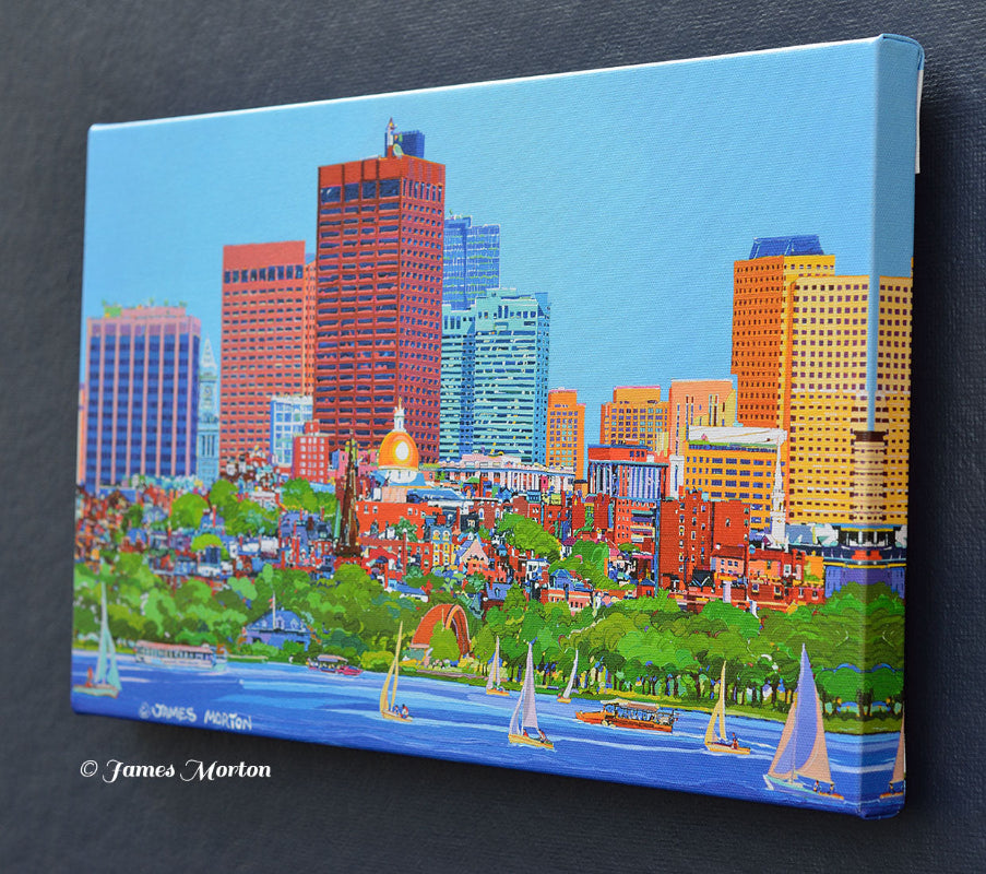 Boston Skyline with Charles River and Sailboats - Premium Quality Stretched Canvas Print.