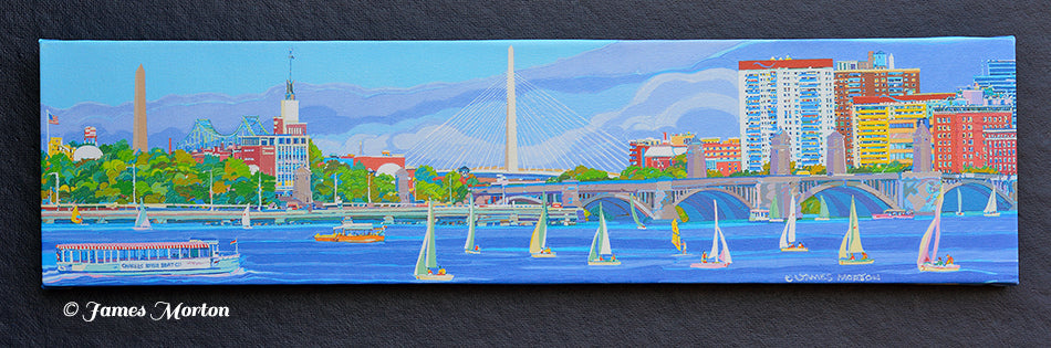 Full panoramic view of 'Boston Bridges' 32x8 inch Boston skyline canvas giclée print with Zakim Bridge