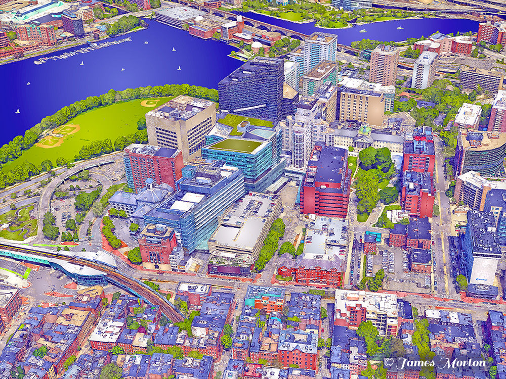 Aerial view of Mass General Hospital with Bullfinch Building and Ether Dome in Boston West End Neighborhood - Fine Art Print of Boston, MA