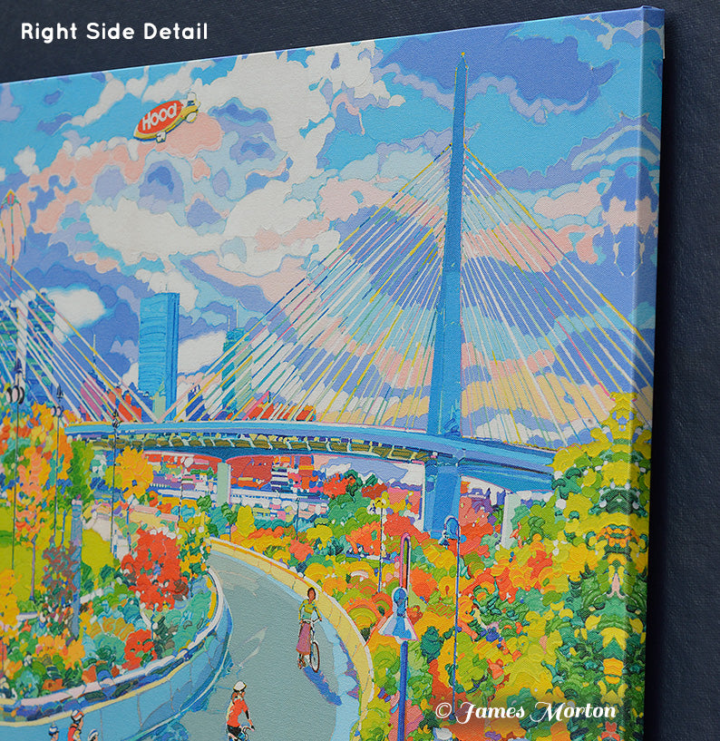 Close-up of upper right image wrap on Zakim Autumn print showing John Hancock Tower and cloudy sky over Boston