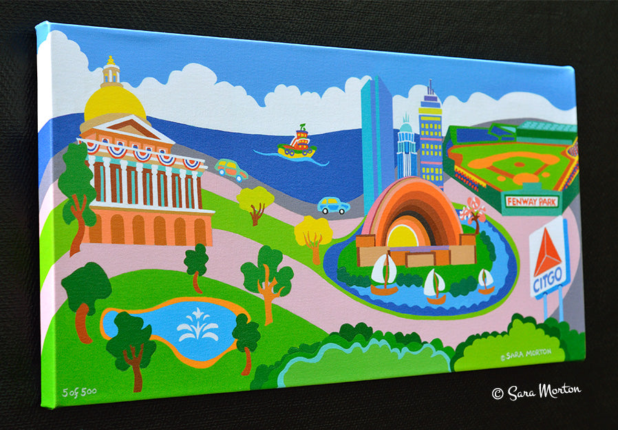 Boston Canvas Print of Painting with Fenway Park, Citgo Sign, Hatch Shell, State House and Sailboats. Stretched 24in x 12in. Ready to Ship.