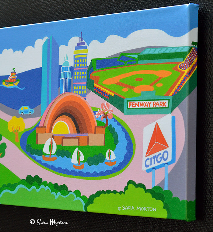 Boston Canvas Print of Painting with Fenway Park, Citgo Sign, Hatch Shell, State House and Sailboats. Stretched 24in x 12in. Ready to Ship.