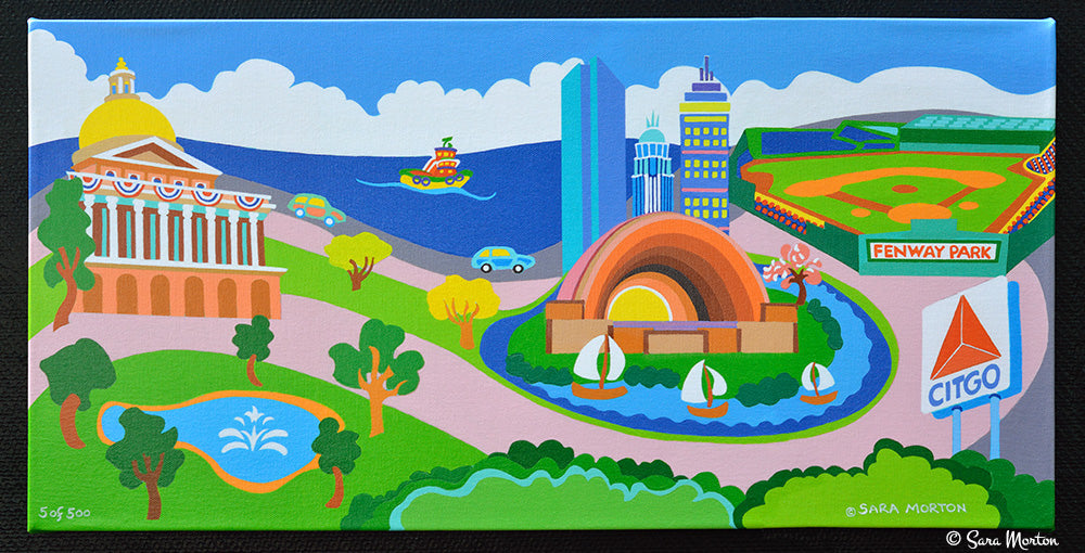 Boston Canvas Print of Painting with Fenway Park, Citgo Sign, Hatch Shell, State House and Sailboats. Stretched 24in x 12in. Ready to Ship.