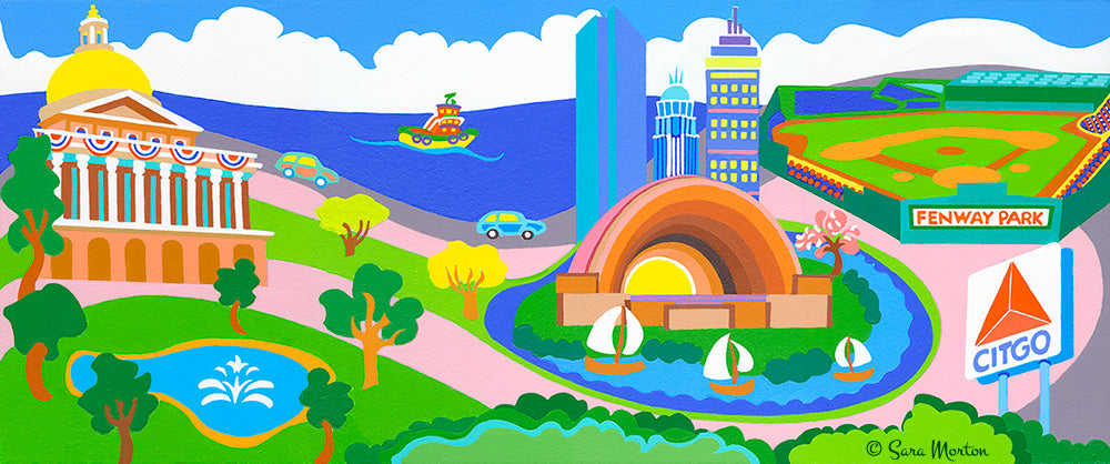 Boston Canvas Print of Painting with Fenway Park, Citgo Sign, Hatch Shell, State House and Sailboats. Stretched 24in x 12in. Ready to Ship.