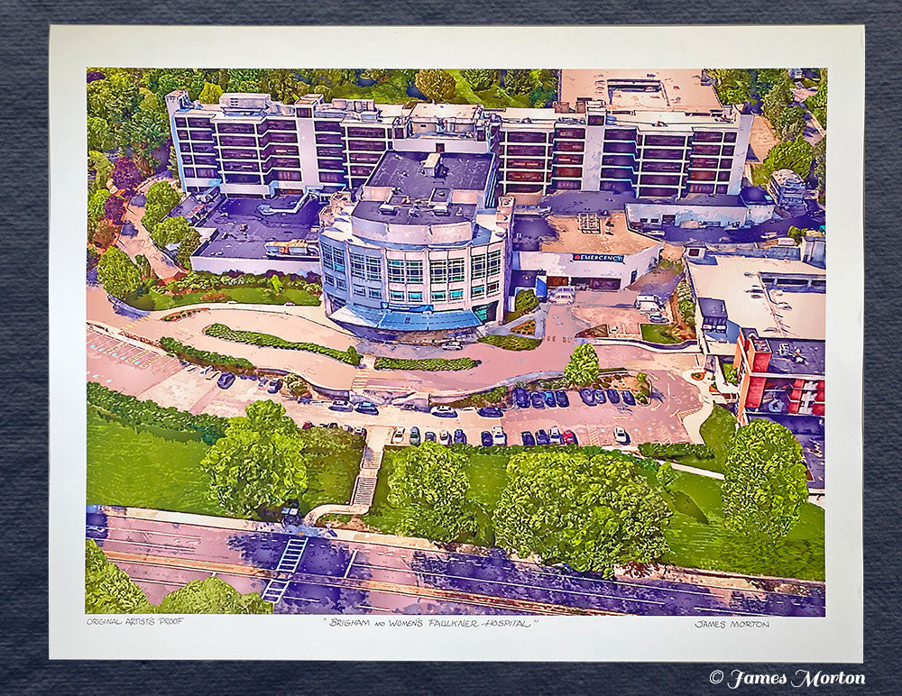Photograph of a signed 40in x 30in fine art print of Brigham and Women's Faulkner Hospital, displayed on fine art paper, showcasing detailed aerial artwork with warm neutral and violet tones.