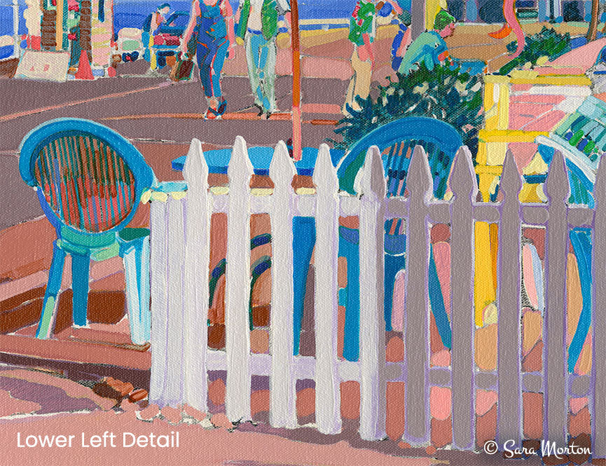 Painting of Provincetown Café Maria overlooking the beach on Commercial Street. Colorful detail with a picket fence, cafe tables, people, and plants.