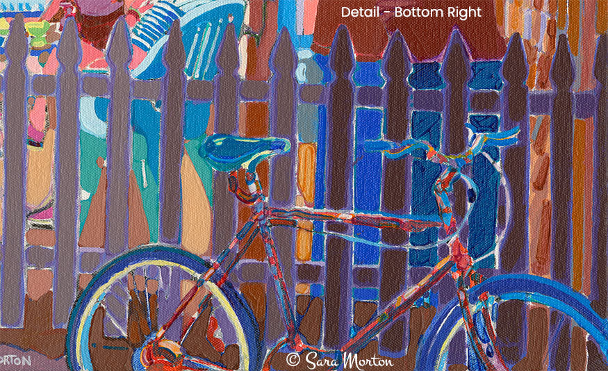 Painting of Provincetown Café Maria - Colorful detail looking through the picket fence and a bicycle leaning against the fence.