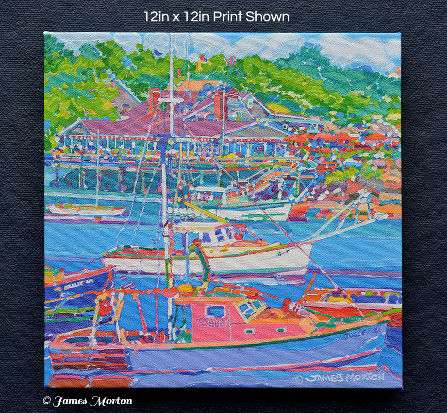 Front view of 12x12 stretched canvas print showing colorful lobster boats and Barnacle Billy’s in Perkins Cove, Ogunquit, Maine