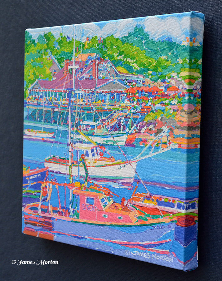 Right side angle of 12x12 canvas print, showing mirrored wrap edges of Perkins Cove harbor painting