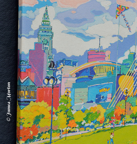 Detail of upper left image wrap on Zakim Autumn canvas print showing TD Garden and Custom House in Boston skyline